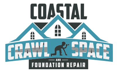 Coastal Crawl Space and Foundation Repair Logo. Stylized logo with teal roof peaks appearing like mountains above CRAWL SPACE cut out of a teal banner below. A black silhouette of an inspector working between the words.