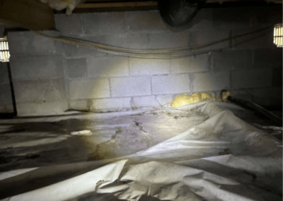 Crawl space with exposed block walls and damaged vapor barrier requiring maintenance.