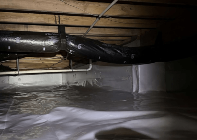 Encapsulated crawl space with black insulated air ducts and a seamless vapor barrier for moisture protection.