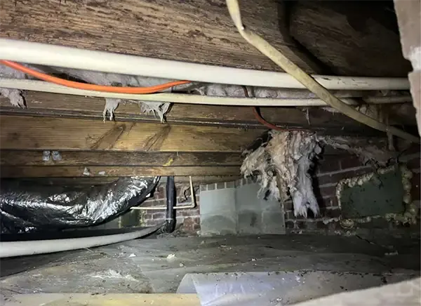Before – Crawl space debris and exposed pipes