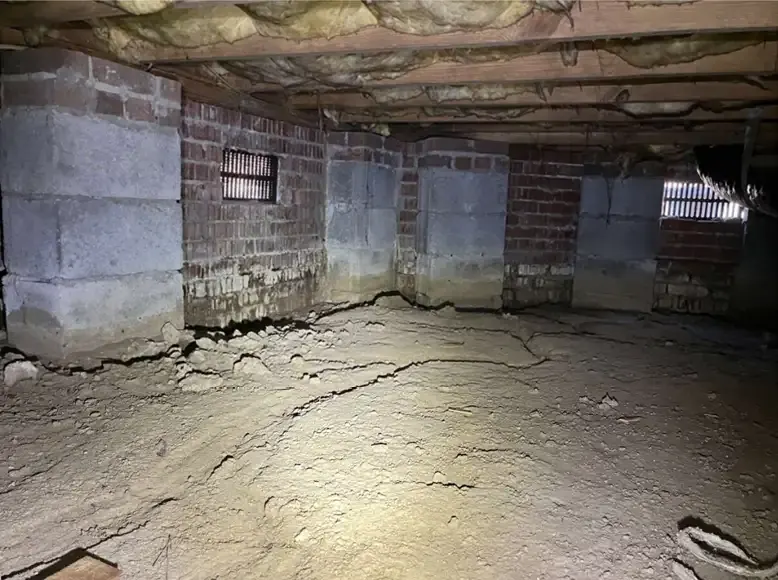 Crawl Space with Poor Drainage and Exposed Earth