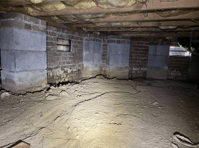 Crawl Space with Poor Drainage and Exposed Earth